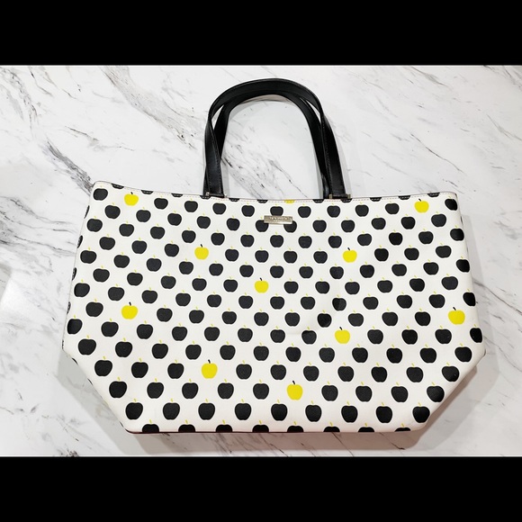Black and Yellow Polka Dot and Apple Kate Spade Tote Large Purse - Picture 3 of 16